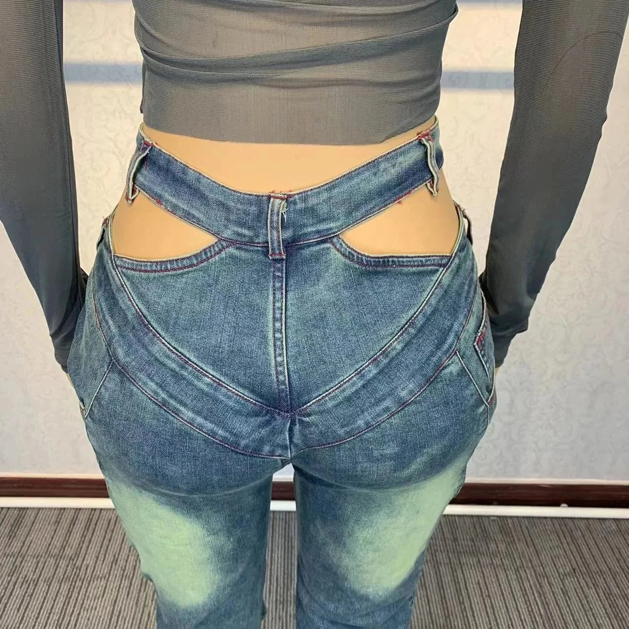 High Waist Cross Belt Flare Denim Jeans