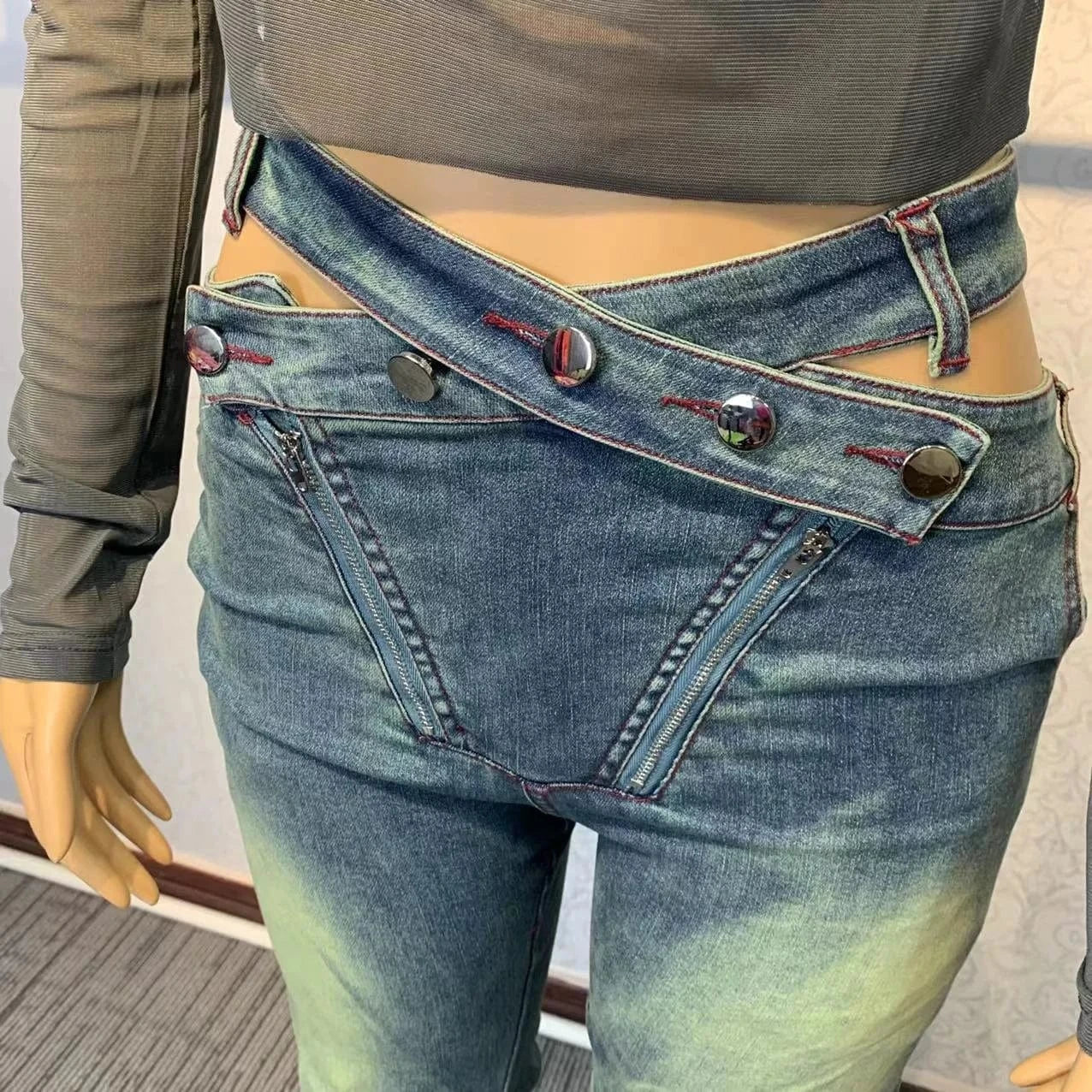 High Waist Cross Belt Flare Denim Jeans