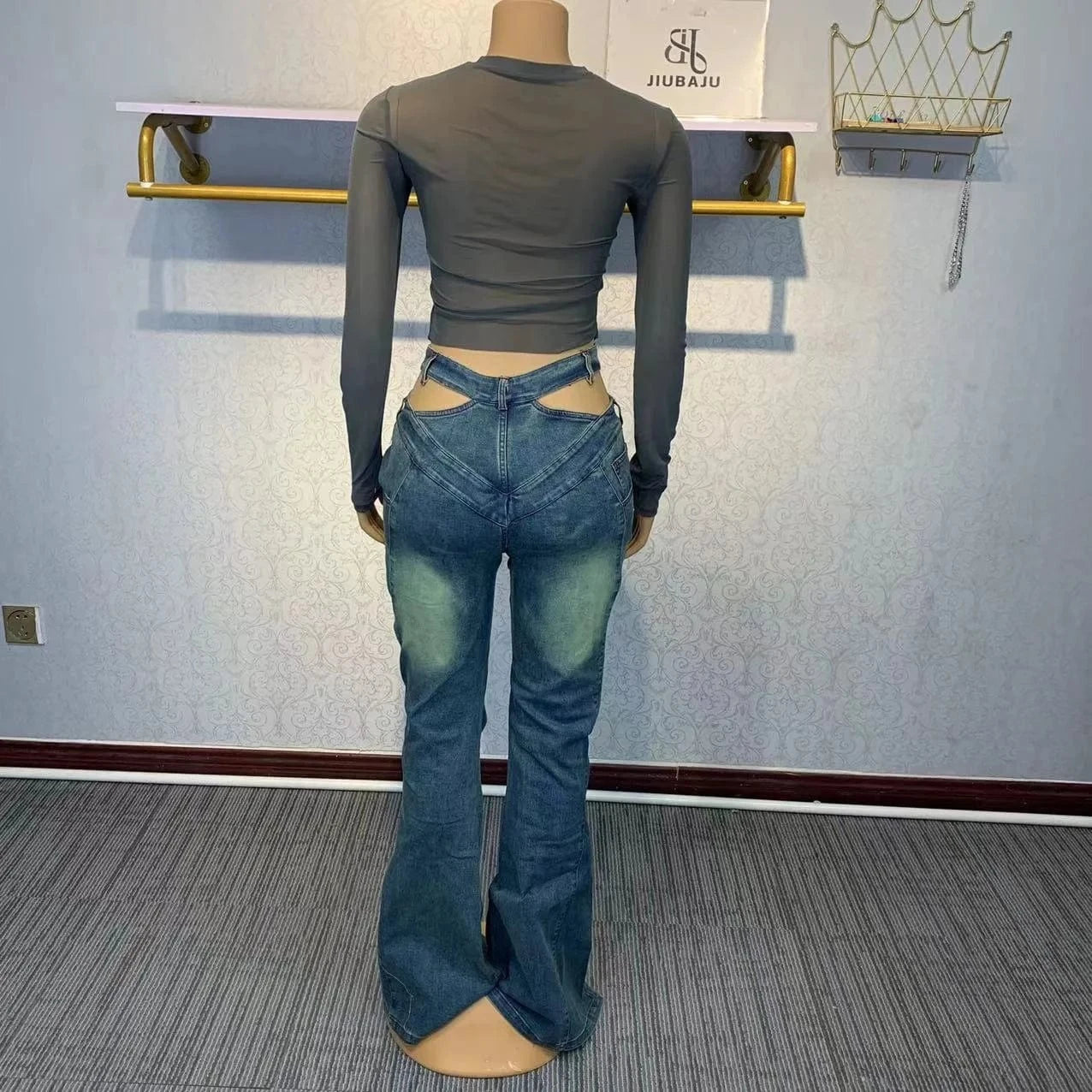 High Waist Cross Belt Flare Denim Jeans