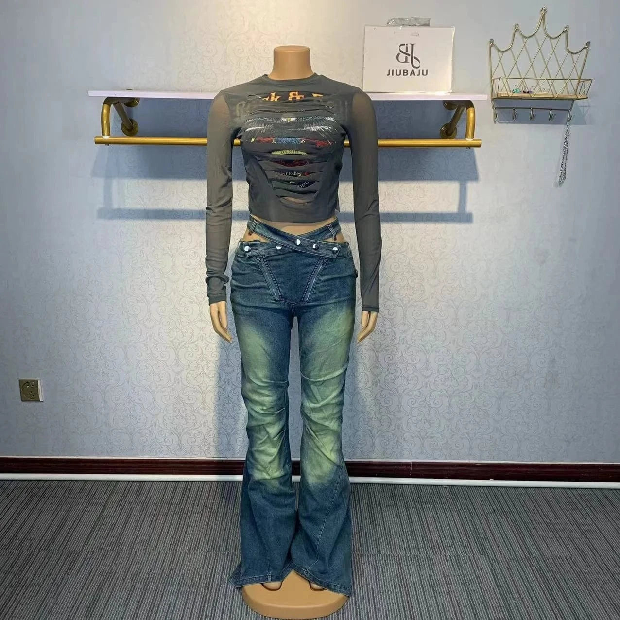 High Waist Cross Belt Flare Denim Jeans