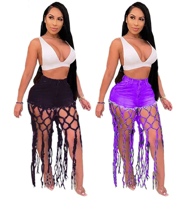 High Waist Denim Shorts Women Tassels Short Jeans Splice Button Pockets Strwwtear Shorts Hot Pant Solid Lady Summer Beach