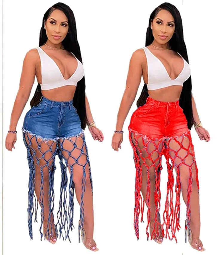 High Waist Denim Shorts Women Tassels Short Jeans Splice Button Pockets Strwwtear Shorts Hot Pant Solid Lady Summer Beach