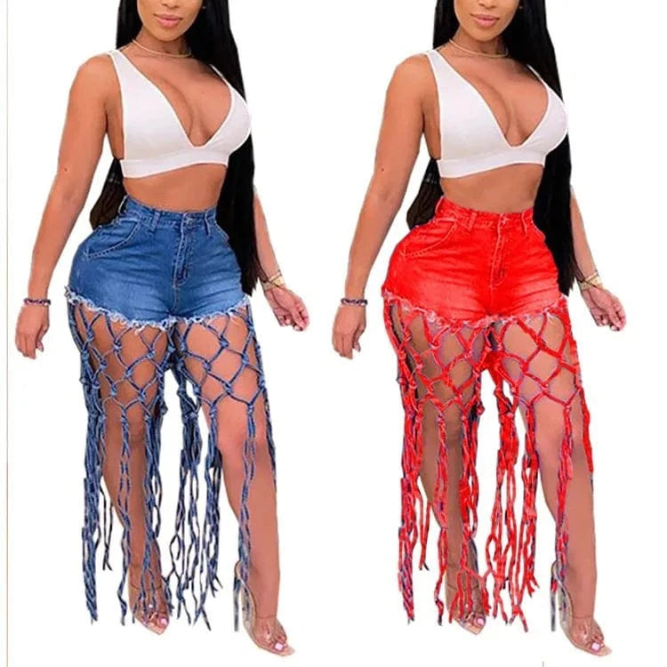 High Waist Denim Shorts Women Tassels Short Jeans Splice Button Pockets Strwwtear Shorts Hot Pant Solid Lady Summer Beach