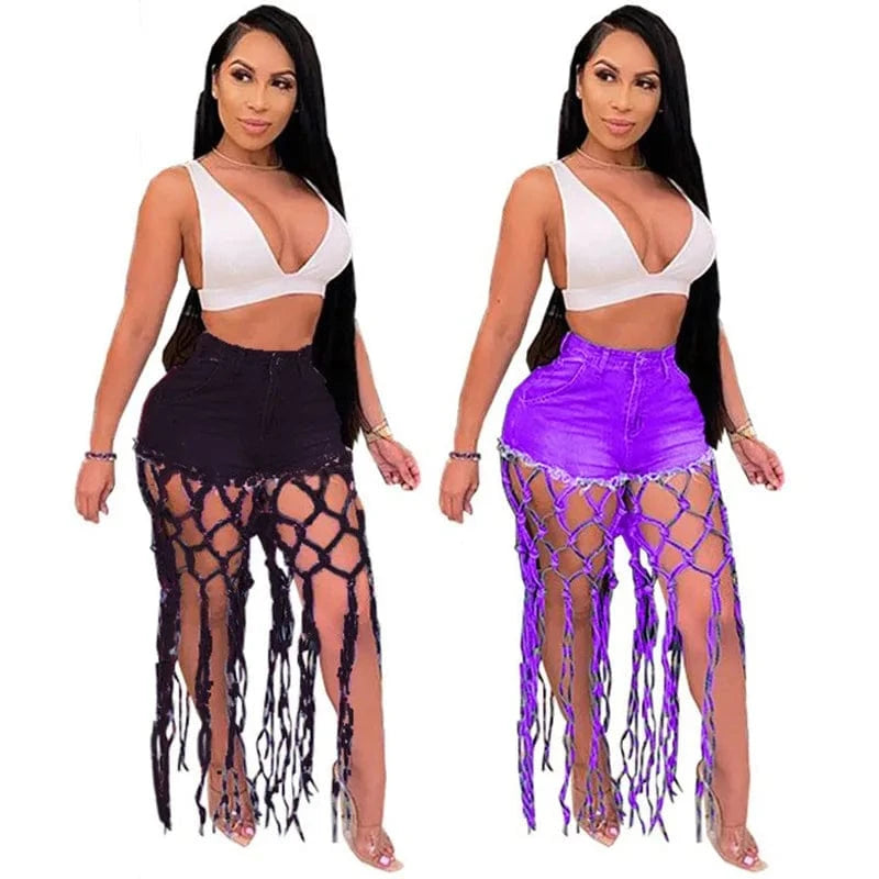 High Waist Denim Shorts Women Tassels Short Jeans Splice Button Pockets Strwwtear Shorts Hot Pant Solid Lady Summer Beach