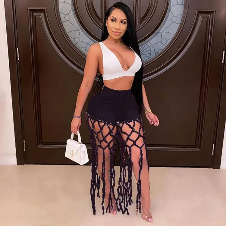 High Waist Denim Shorts Women Tassels Short Jeans Splice Button Pockets Strwwtear Shorts Hot Pant Solid Lady Summer Beach