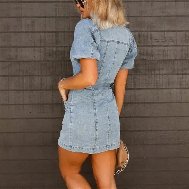 High Waist Lace-up Double Pocket Women Denim Dresses Lapel Single-breasted Cardigan Dress Female Trend Streetwear Commuter Gown