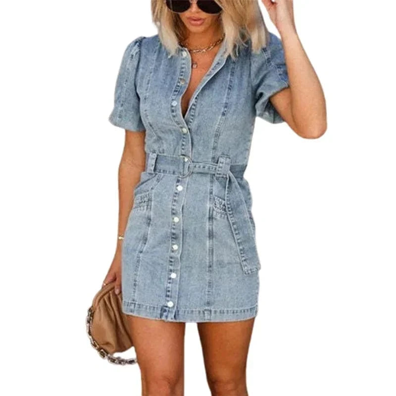 High Waist Lace-up Double Pocket Women Denim Dresses Lapel Single-breasted Cardigan Dress Female Trend Streetwear Commuter Gown