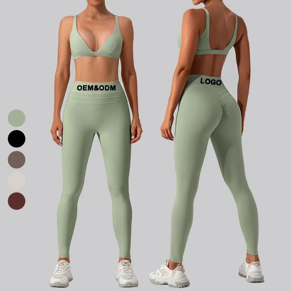 High Waist Women 2 Piece Fitness Front Deep V Bra Set Spandex Outfits High Waist Yoga Leggings Set