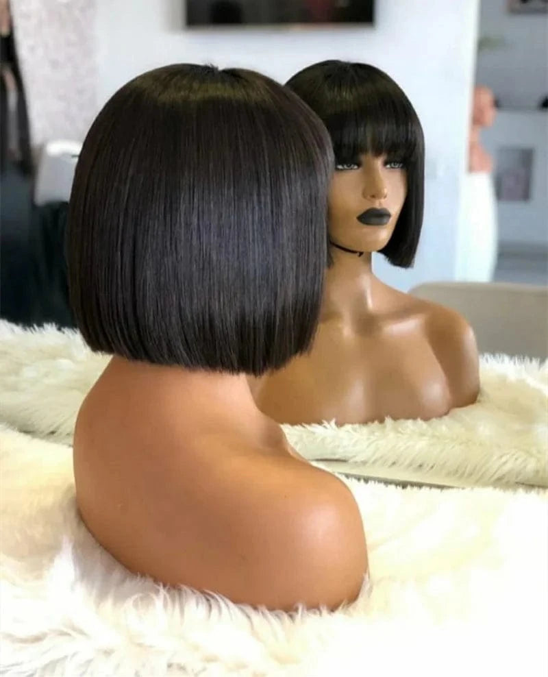 Highknight Cheap Price Short 100% Brazilian Virgin Human Hair 13*4 Lace Front Bob Wigs With Bang