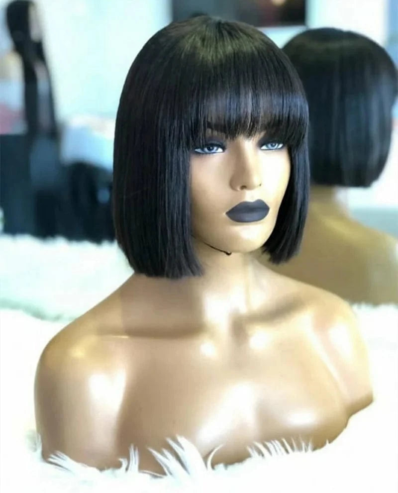 Highknight Cheap Price Short 100% Brazilian Virgin Human Hair 13*4 Lace Front Bob Wigs With Bang