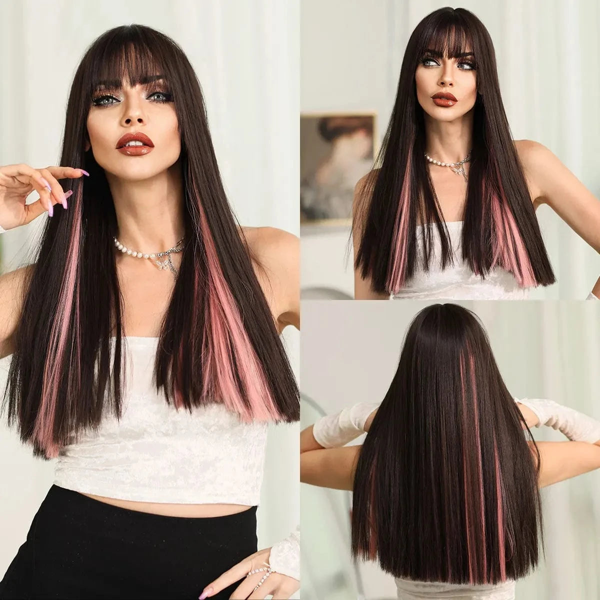Highlights blackpink Highlights Pink Wig with Bangs Long Straight Wigs for Women,Heat Resistant Light Pink Synthetic Wigs Black Pink Hair