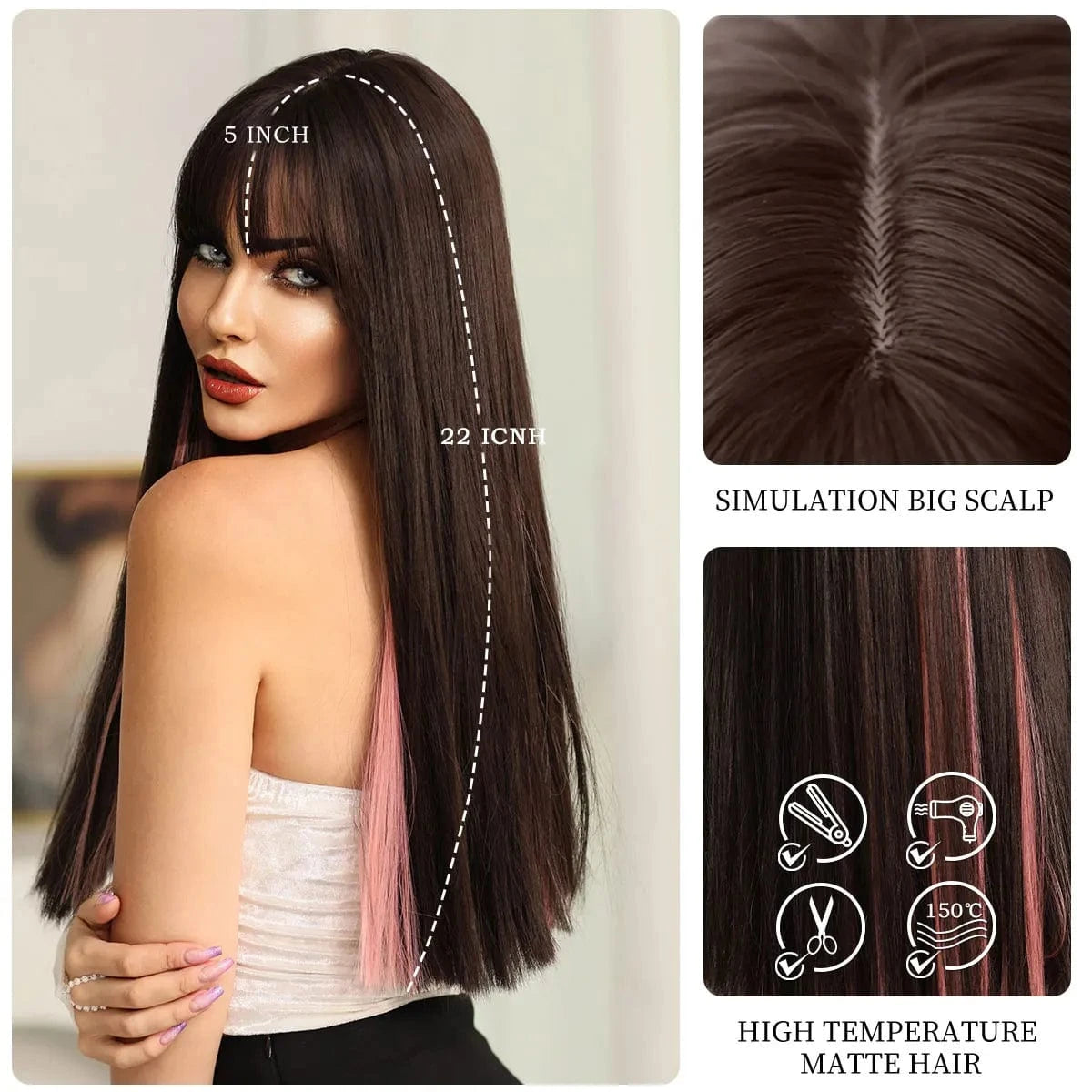 Highlights Pink Wig with Bangs Long Straight Wigs for Women,Heat Resistant Light Pink Synthetic Wigs Black Pink Hair