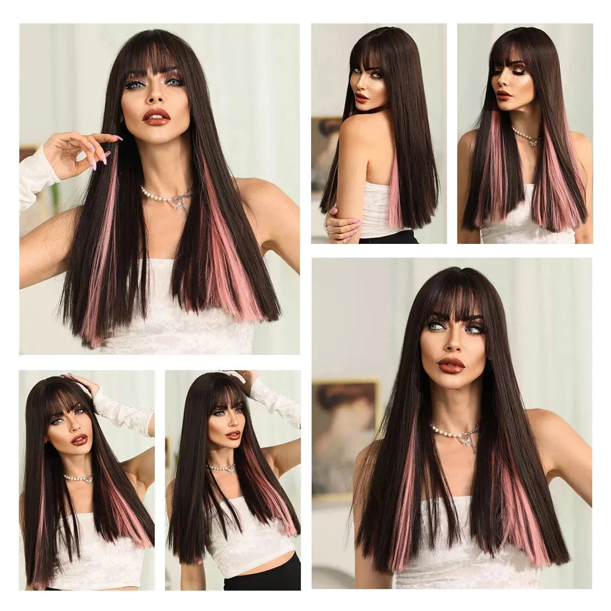 Highlights Pink Wig with Bangs Long Straight Wigs for Women,Heat Resistant Light Pink Synthetic Wigs Black Pink Hair