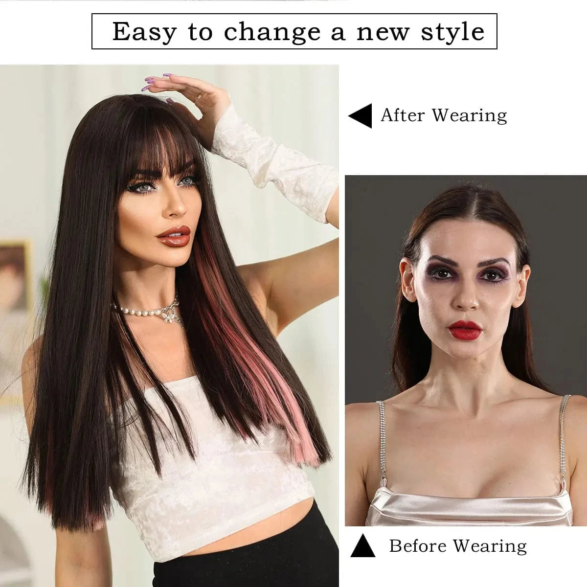 Highlights Pink Wig with Bangs Long Straight Wigs for Women,Heat Resistant Light Pink Synthetic Wigs Black Pink Hair