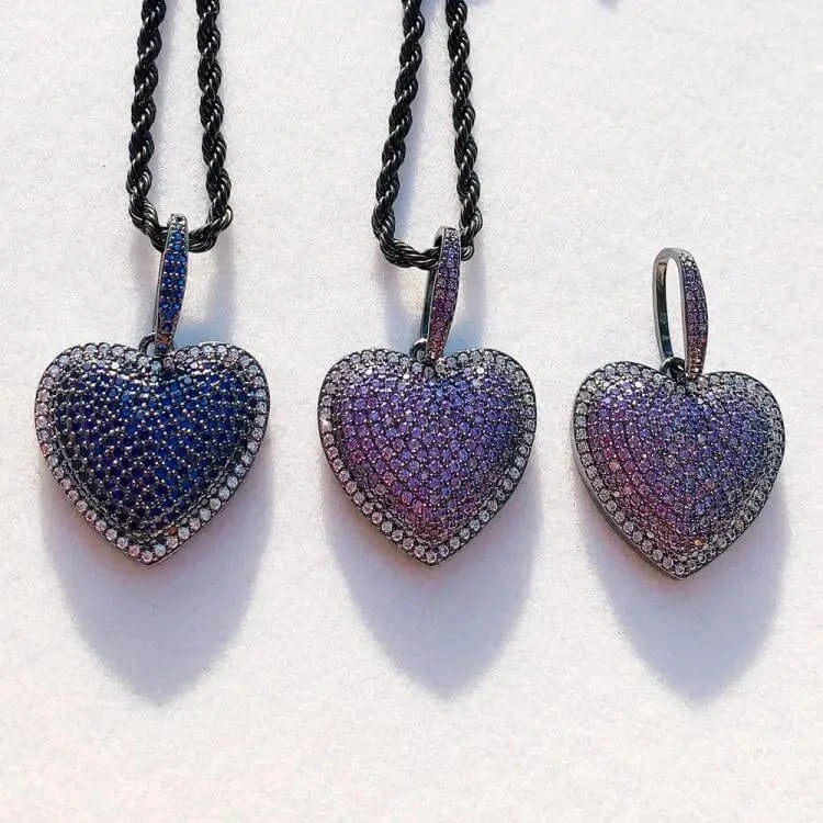 Hip Hop Blue Purple Heart Pendant Necklace Iced Out Bling Micro Pave 5A CZ Cubic Zirconia Men Boy Jewelry