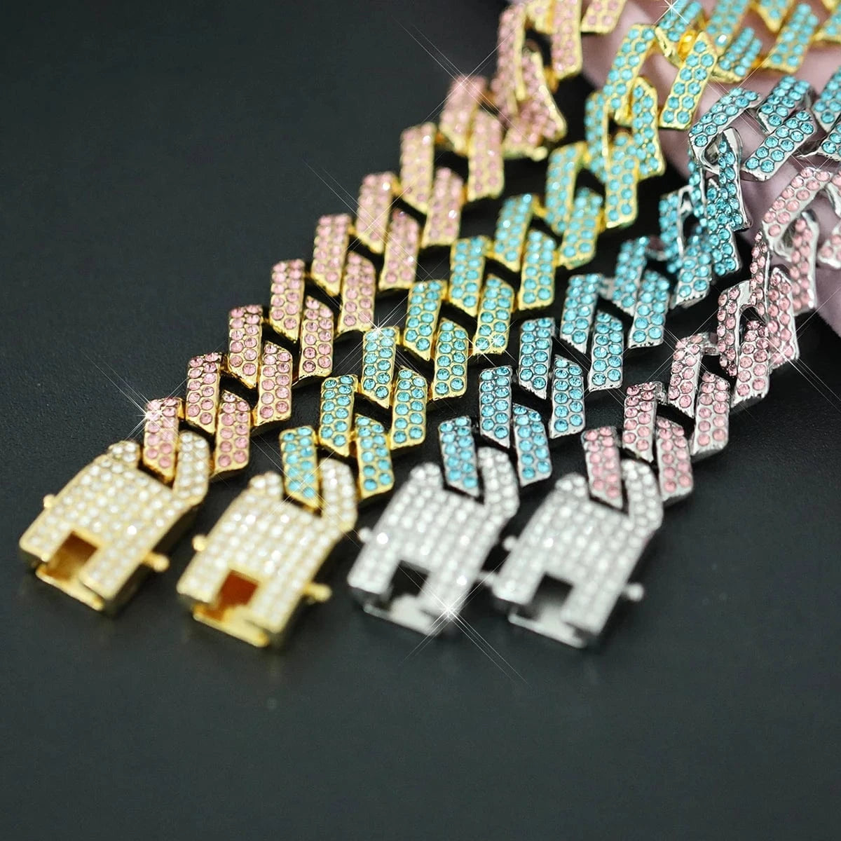 Hip Hop Colorful Rhinestone Cuban Necklace+Bracelet Jewelry Set Iced Out Shiny Chain link Trendy Choker Jewelry For Women Men