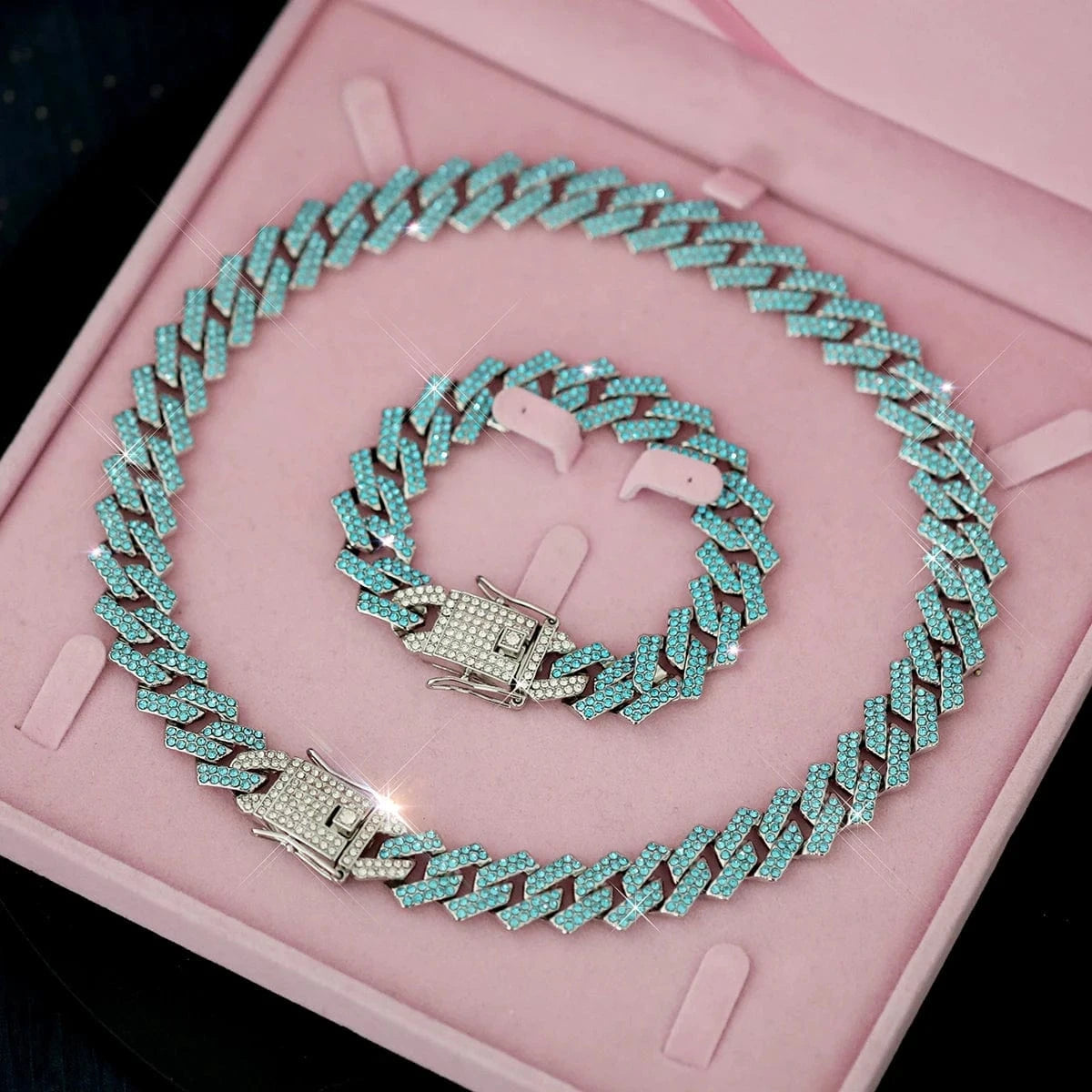 Hip Hop Colorful Rhinestone Cuban Necklace+Bracelet Jewelry Set Iced Out Shiny Chain link Trendy Choker Jewelry For Women Men