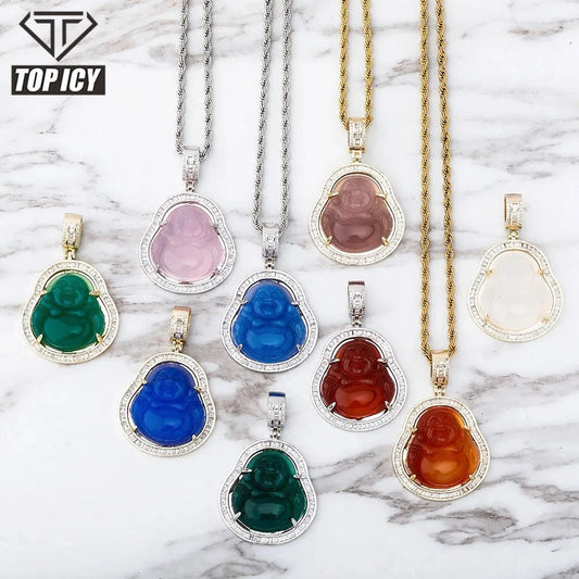 Hip Hop Iced Out Pink Green Red Agate Jade Buddha Pendant for Women Men Necklace Baguette CZ Rapper Jewelry buddha necklace