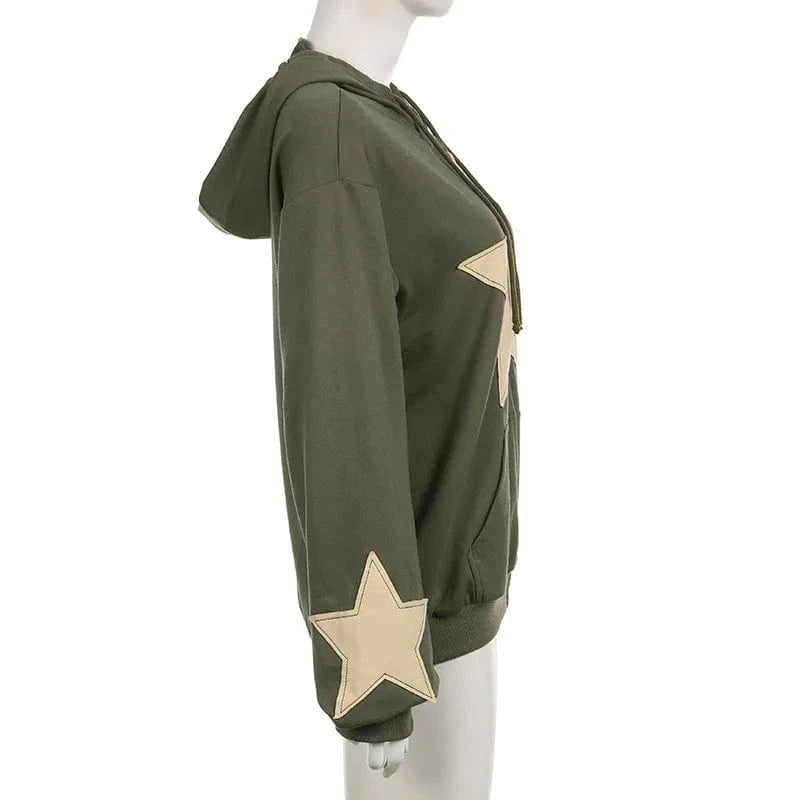 Hip Hop Zip up Hoodie Vintage Star Patch Cotton Loose Sweatshirt Jacket Harajuku Gothic Long Sleeve Women Sweatshirt Y2k Clothes