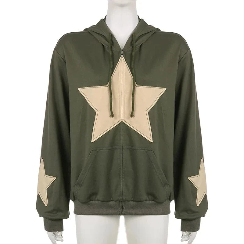 Hip Hop Zip up Hoodie Vintage Star Patch Cotton Loose Sweatshirt Jacket Harajuku Gothic Long Sleeve Women Sweatshirt Y2k Clothes