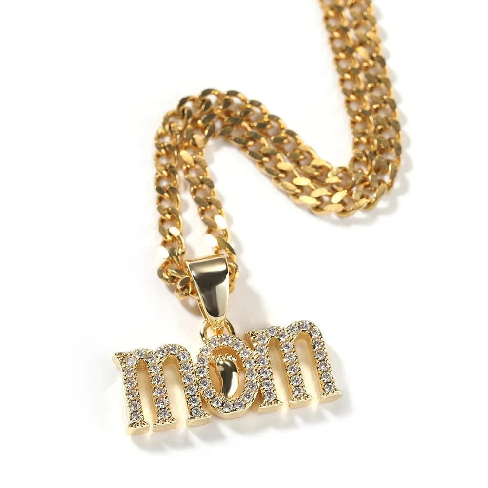 Hiphop / 18inches / Gold with cuban chain Newest Iced Out MOM Necklaces Full Cz Foot and MOM Pendant for Women Gift Mother Day