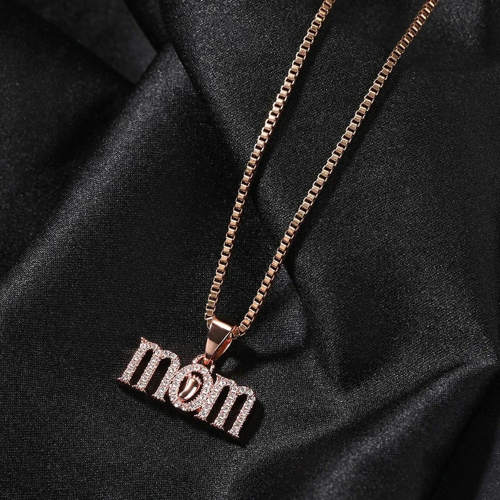 Hiphop / 20inches / Rose gold with box chain Newest Iced Out MOM Necklaces Full Cz Foot and MOM Pendant for Women Gift Mother Day