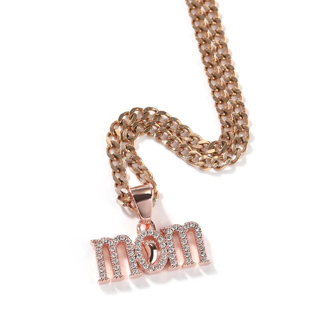 Hiphop / 24inches / Rose gold with cuban chain Newest Iced Out MOM Necklaces Full Cz Foot and MOM Pendant for Women Gift Mother Day