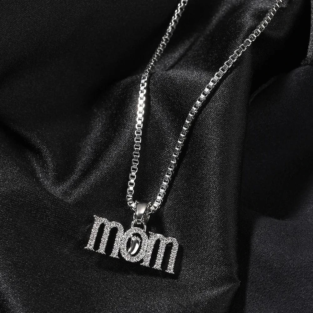 Hiphop / 24inches / Silver with box chain Newest Iced Out MOM Necklaces Full Cz Foot and MOM Pendant for Women Gift Mother Day