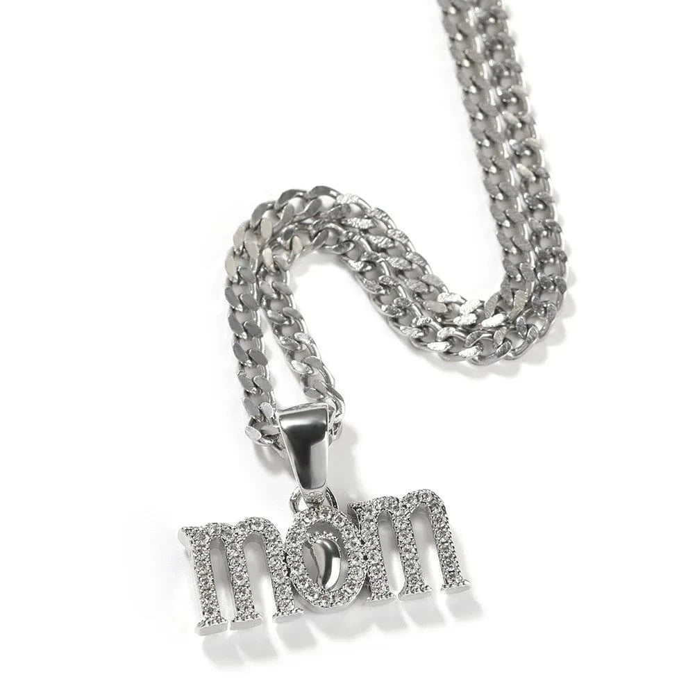 Hiphop / 24inches / Silver with cuban chain Newest Iced Out MOM Necklaces Full Cz Foot and MOM Pendant for Women Gift Mother Day