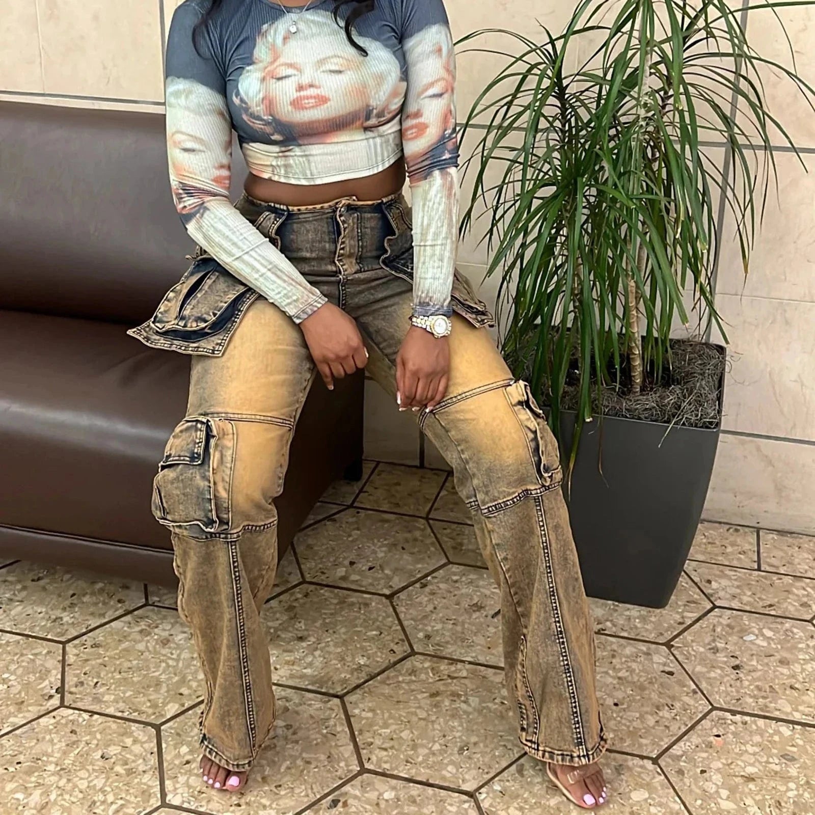 hirigin Summer Women Fashion Multi Pocket Straight Zipper Fly Denim Pants Y2K Vintage Streetwear Cargo Wide Leg Jeans