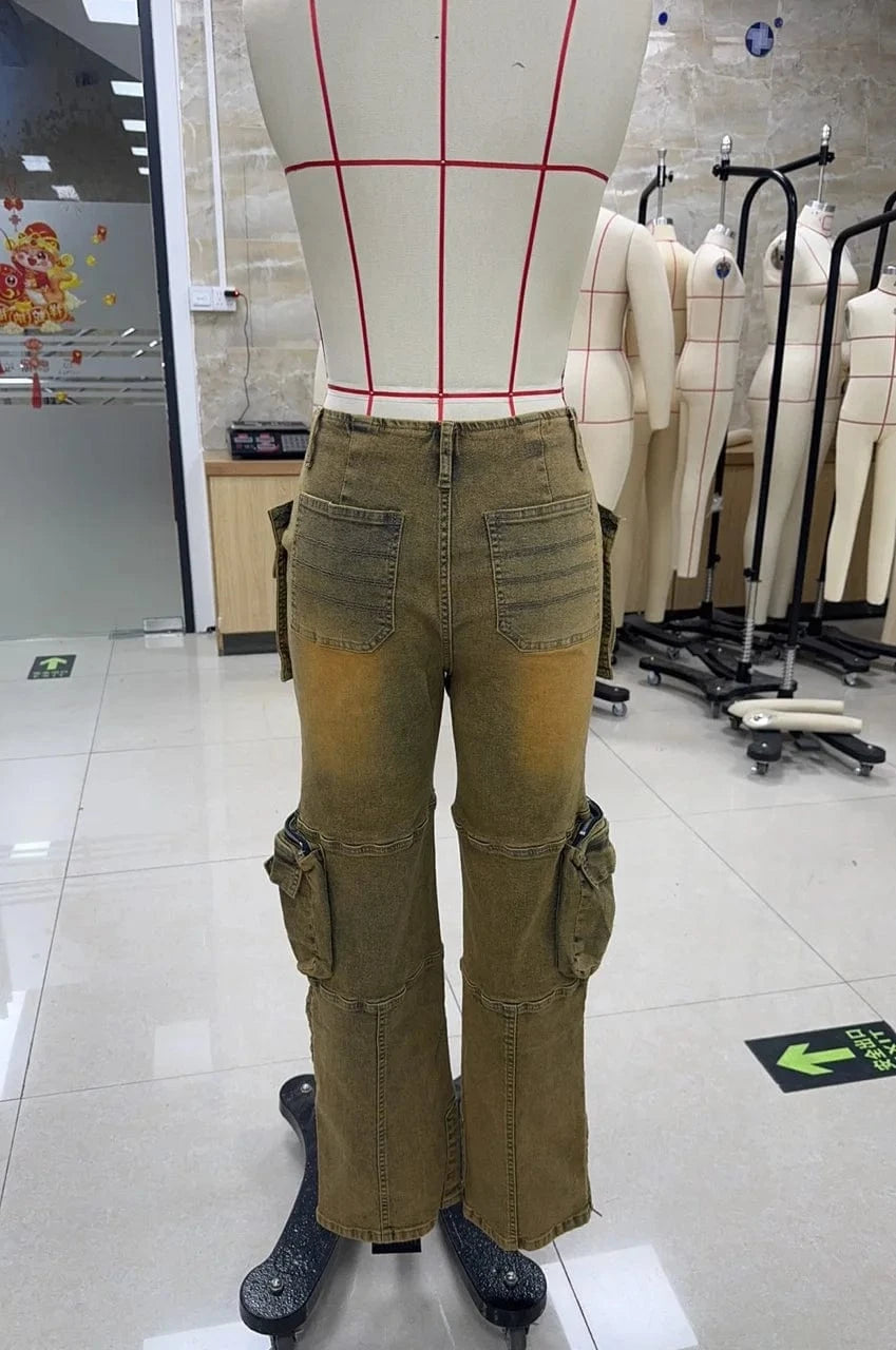 hirigin Summer Women Fashion Multi Pocket Straight Zipper Fly Denim Pants Y2K Vintage Streetwear Cargo Wide Leg Jeans