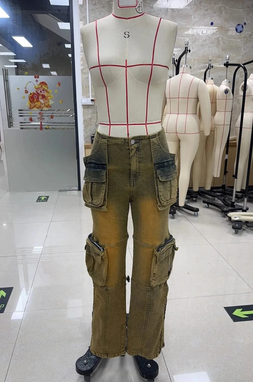 hirigin Summer Women Fashion Multi Pocket Straight Zipper Fly Denim Pants Y2K Vintage Streetwear Cargo Wide Leg Jeans