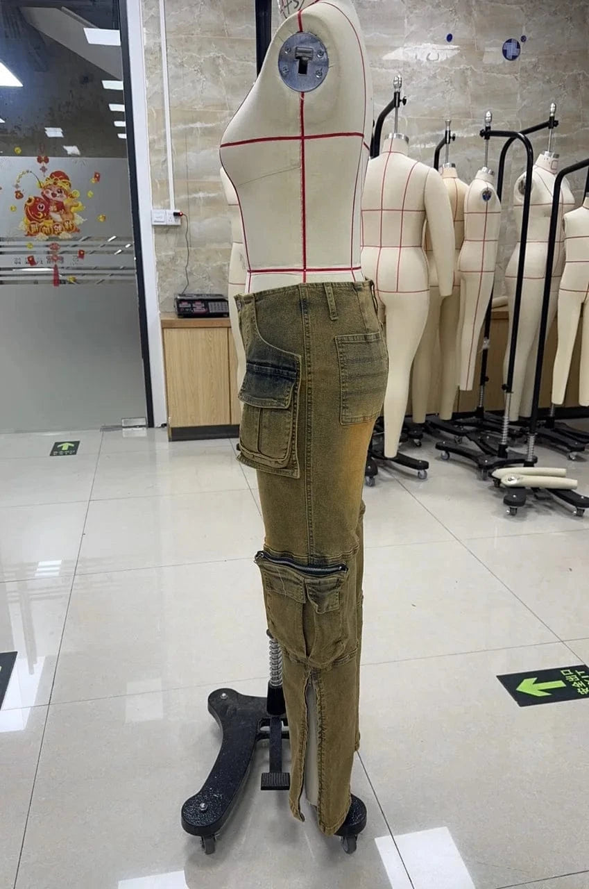 hirigin Summer Women Fashion Multi Pocket Straight Zipper Fly Denim Pants Y2K Vintage Streetwear Cargo Wide Leg Jeans