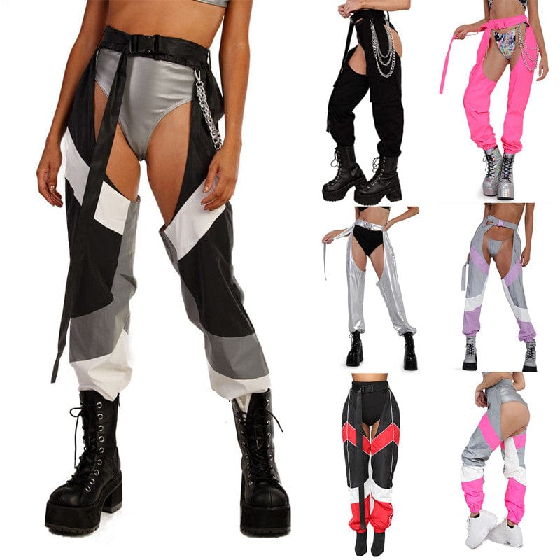 hirigin Women Buckles Bottomless Pants High Waist Cargo Trousers Crothchless Color Block Boggy Trousers Long Rave Legging