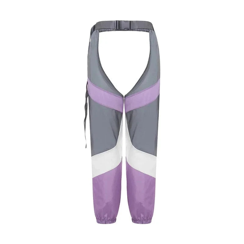 hirigin Women Buckles Bottomless Pants High Waist Cargo Trousers Crothchless Color Block Boggy Trousers Long Rave Legging