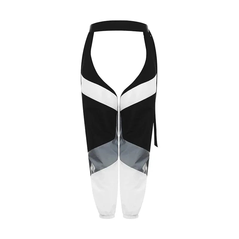 hirigin Women Buckles Bottomless Pants High Waist Cargo Trousers Crothchless Color Block Boggy Trousers Long Rave Legging