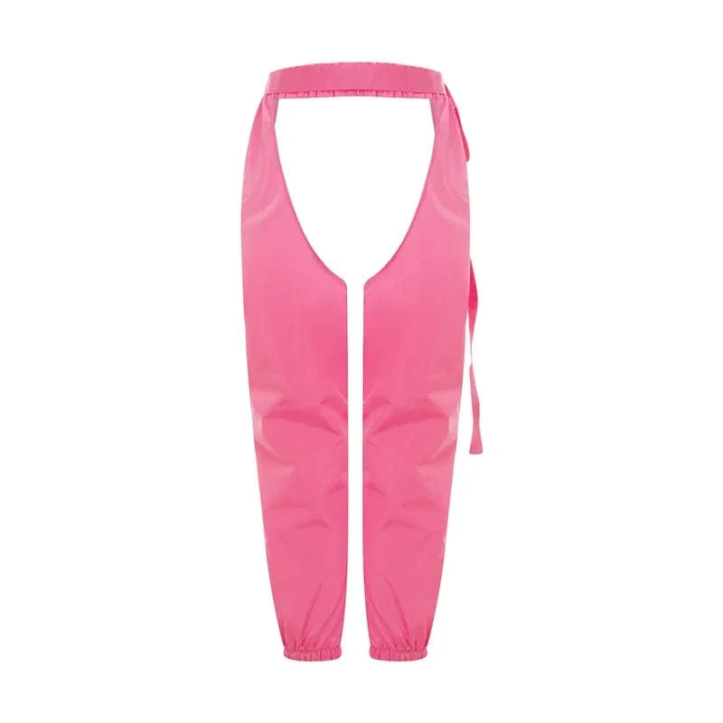 hirigin Women Buckles Bottomless Pants High Waist Cargo Trousers Crothchless Color Block Boggy Trousers Long Rave Legging