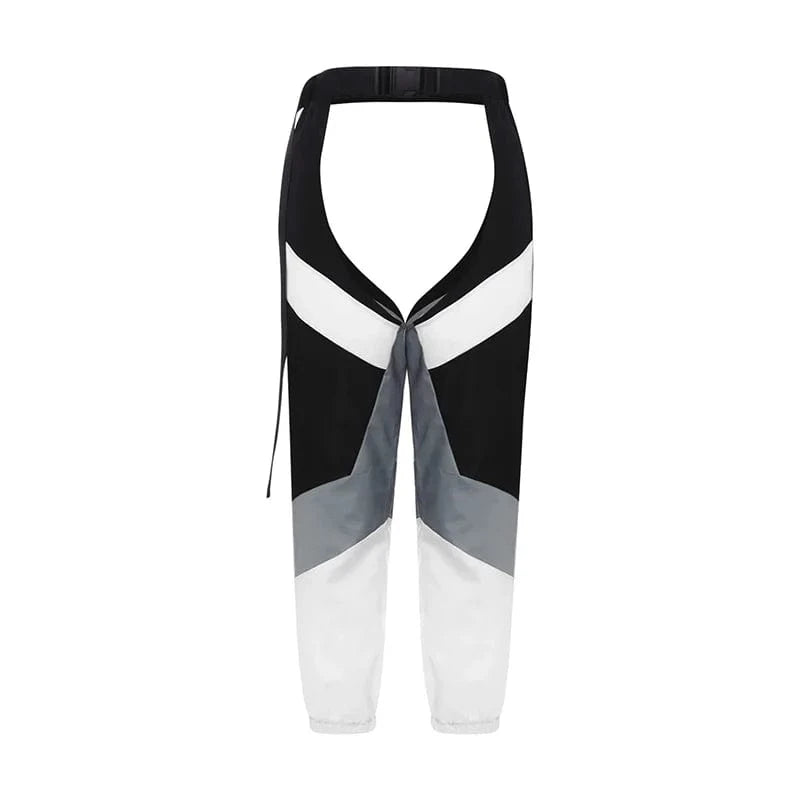 hirigin Women Buckles Bottomless Pants High Waist Cargo Trousers Crothchless Color Block Boggy Trousers Long Rave Legging