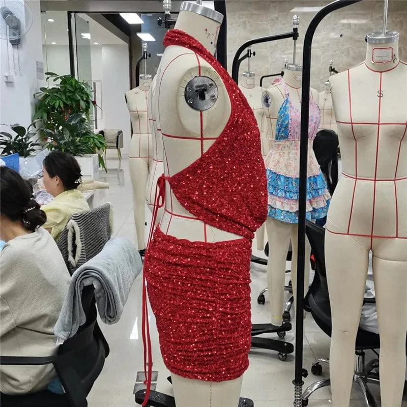 hirigin Women Sequin 2 Piece Outfit Sparkly Sexy Bodycon Sleeveless Halter Crop Top Split Mini Skirt Set Going Out Club Suit