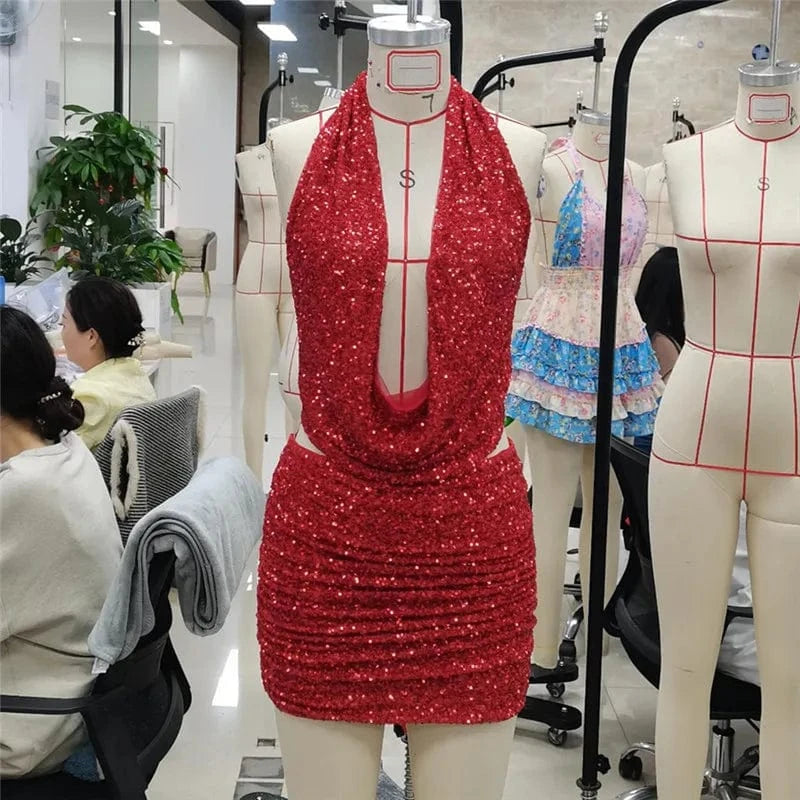 hirigin Women Sequin 2 Piece Outfit Sparkly Sexy Bodycon Sleeveless Halter Crop Top Split Mini Skirt Set Going Out Club Suit