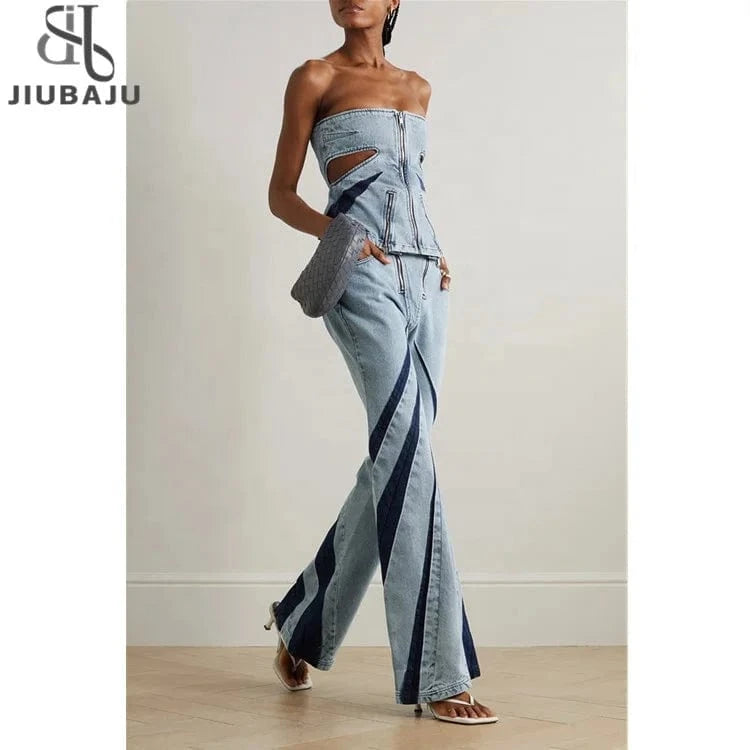 Hit Color Denim Women Set Zipper Tube Tops and Flare Pants 2024 Spring Fashion Matched Two Piece Sets