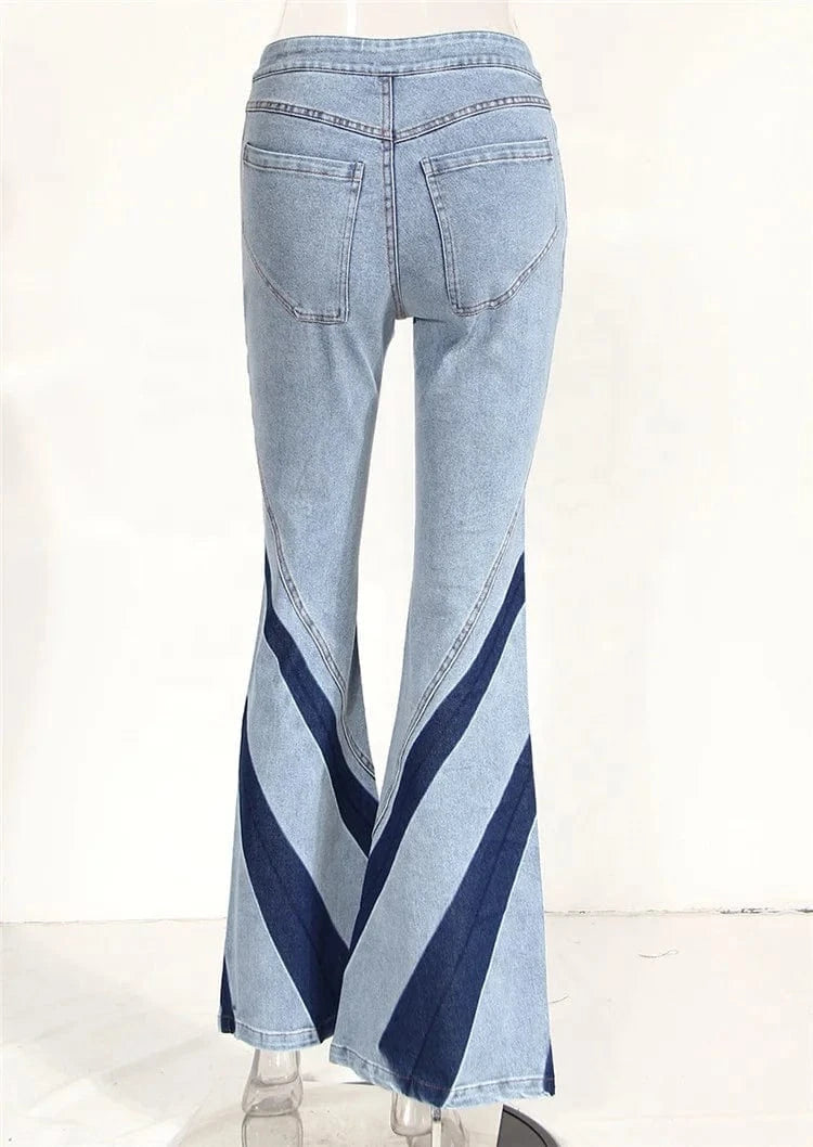 Hit Color Denim Women Set Zipper Tube Tops and Flare Pants 2024 Spring Fashion Matched Two Piece Sets