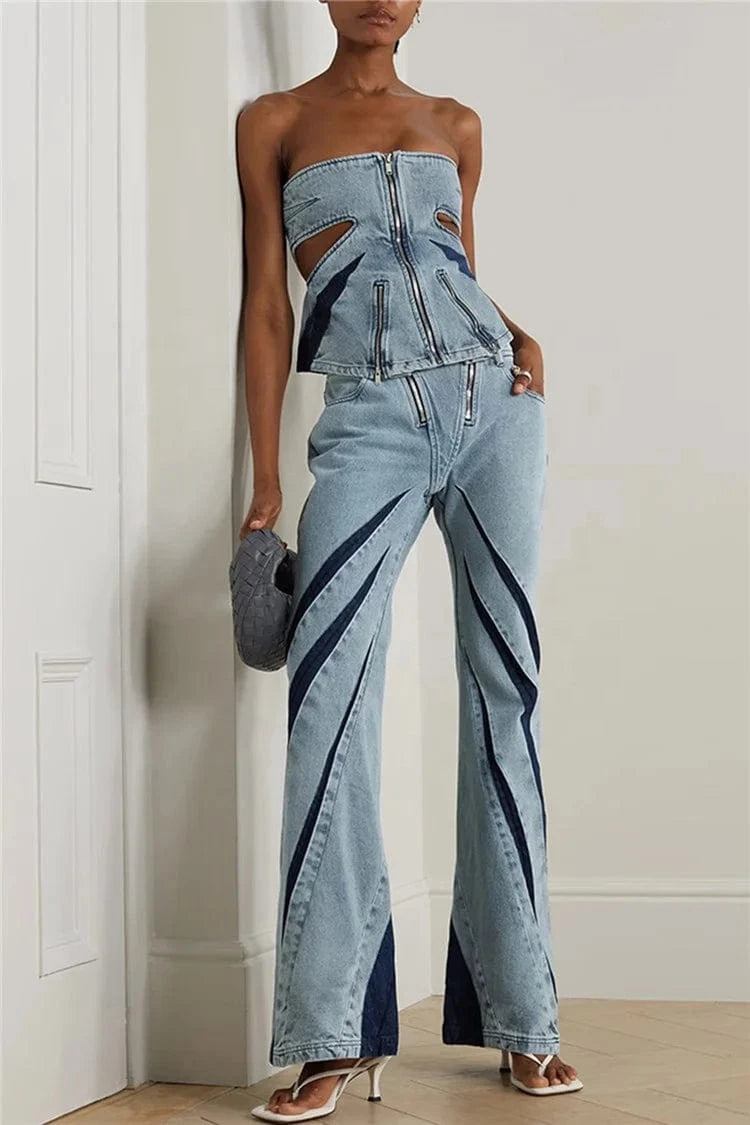 Hit Color Denim Women Set Zipper Tube Tops and Flare Pants 2024 Spring Fashion Matched Two Piece Sets