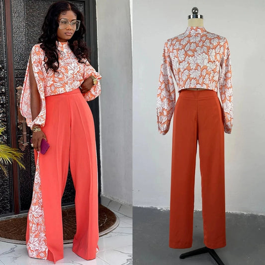 HK5268 Women's Loose Large Size Fashion Lapel Long-sleeved Shirt Wide Printed Leg Pants Suit