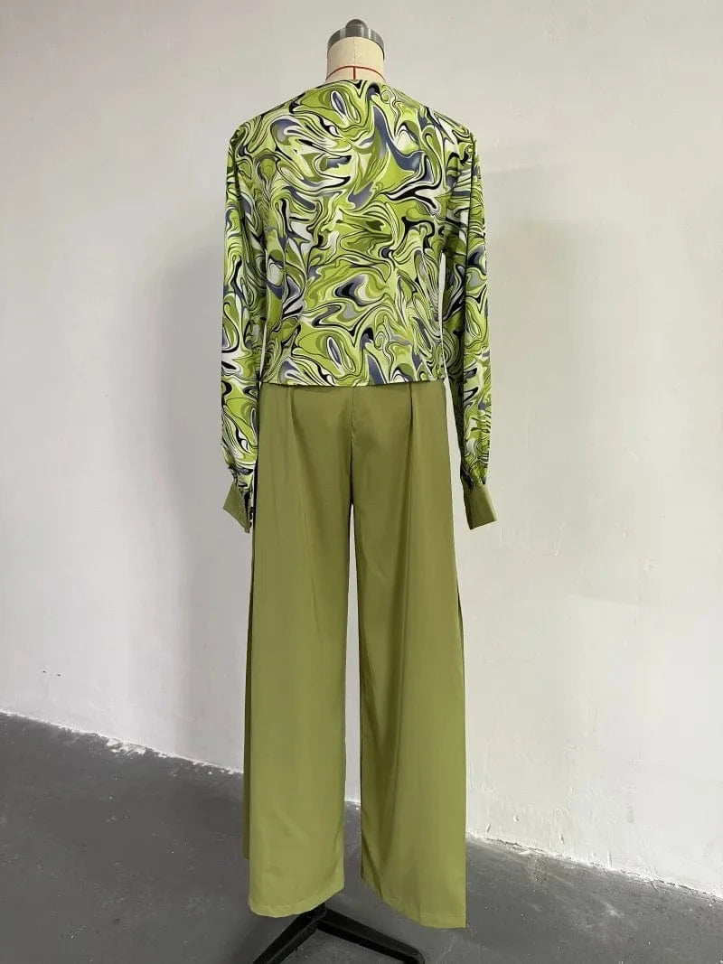 HK6605 Fall 2024 Women Clothes Street Casual Loose Puff Sleeves Blouses And Wide Leg Pants Women Lounge Wear Sets 2pcs