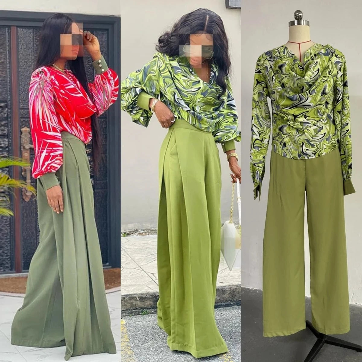 HK6605 Fall 2024 Women Clothes Street Casual Loose Puff Sleeves Blouses And Wide Leg Pants Women Lounge Wear Sets 2pcs