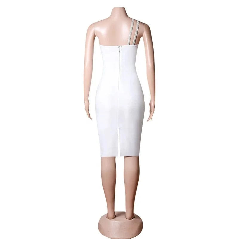 Hollow Front One shoulder Asymmetric knit dress bodycon Cocktail dress with crystal