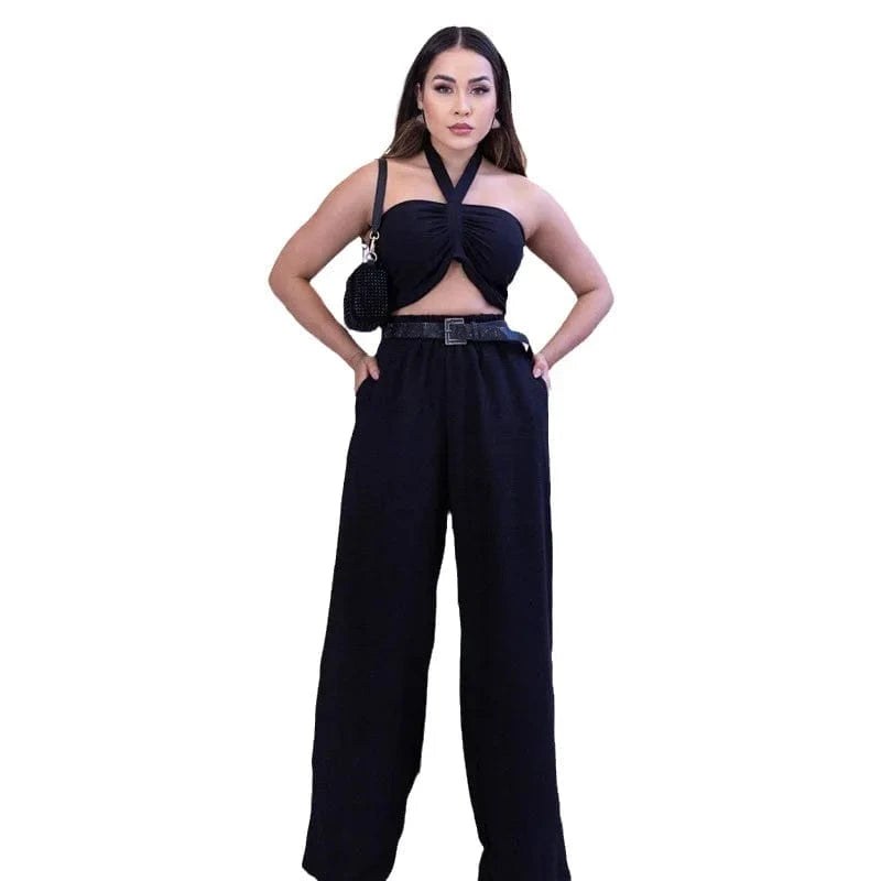 Hollow Lace Up Women's Flare Jumpsuit Ladies Fashion Short Sleeve Long Pant 2024 Spring Summer Bodysuit Women's two-piece suit