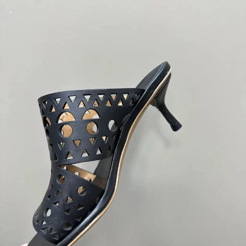 Hollow open toe slippers girls office shoes ladies fashion high heels genuine leather luxury women's sandals