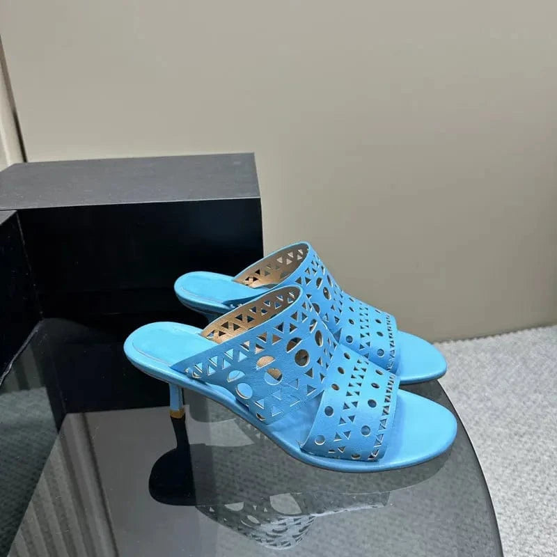Hollow open toe slippers girls office shoes ladies fashion high heels genuine leather luxury women's sandals